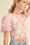 Pink Crocheted Bodice Balloon Sleeve Top