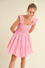 Pink Shoulder Ruffle Pointelle Mini Dress