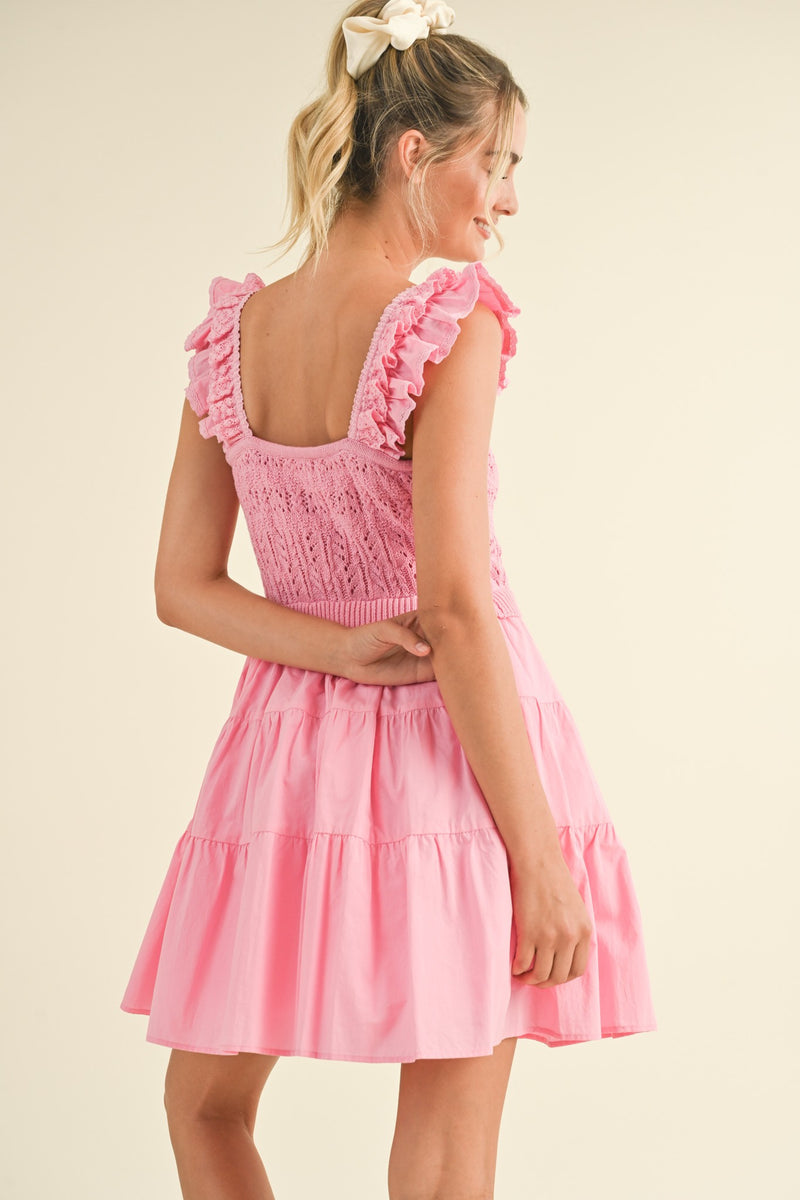 Pink Shoulder Ruffle Pointelle Mini Dress