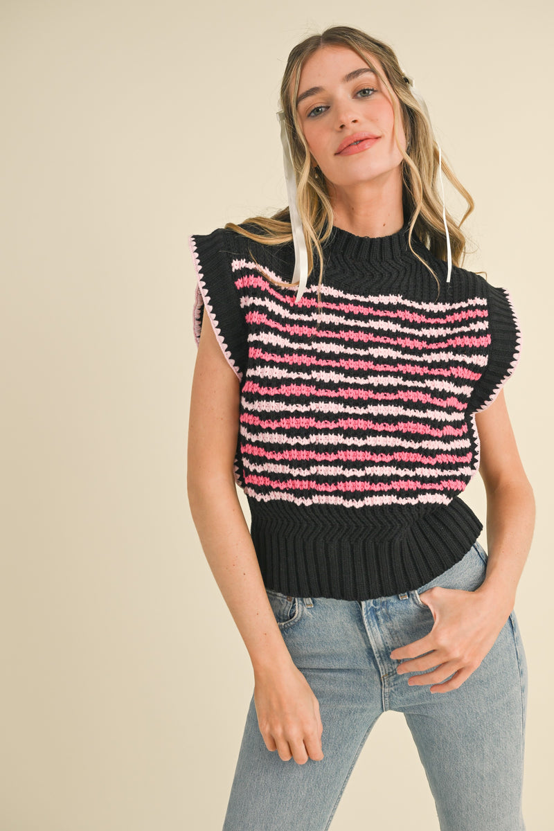 Black and Pink Contrast Stitch Sweater Vest