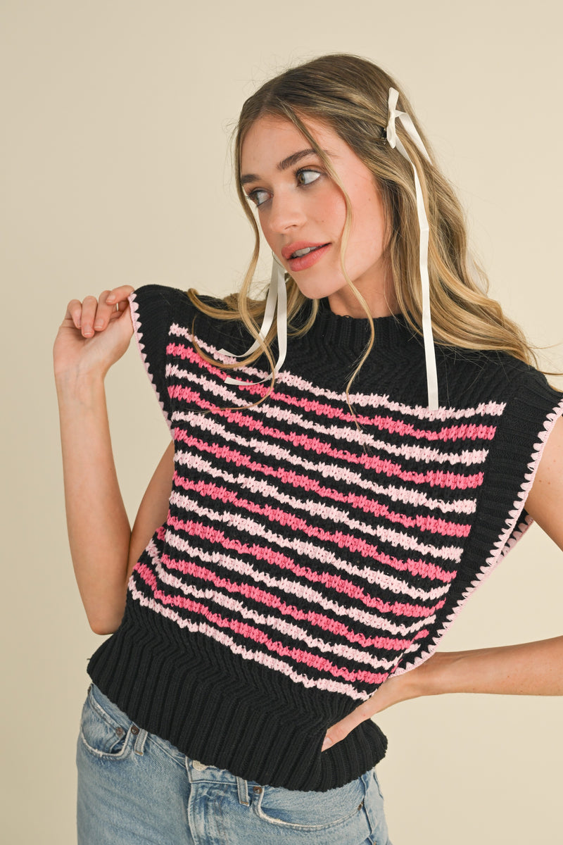 Black and Pink Contrast Stitch Sweater Vest