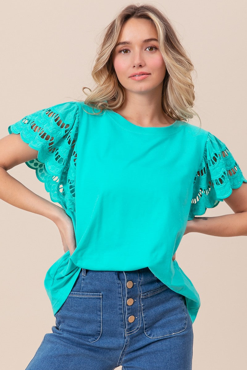 Mint Eyelet Sleeve T-Shirt Top