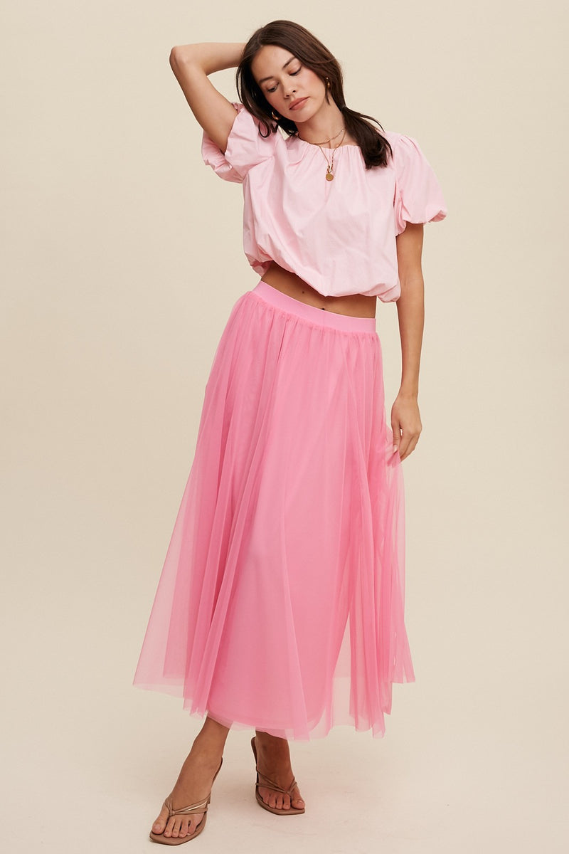 Bubblegum Pink Mesh Midi Skirt