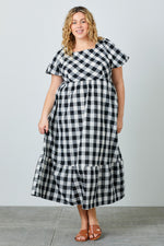 Black and White Gingham Bubble Sleeve Maxi Dress