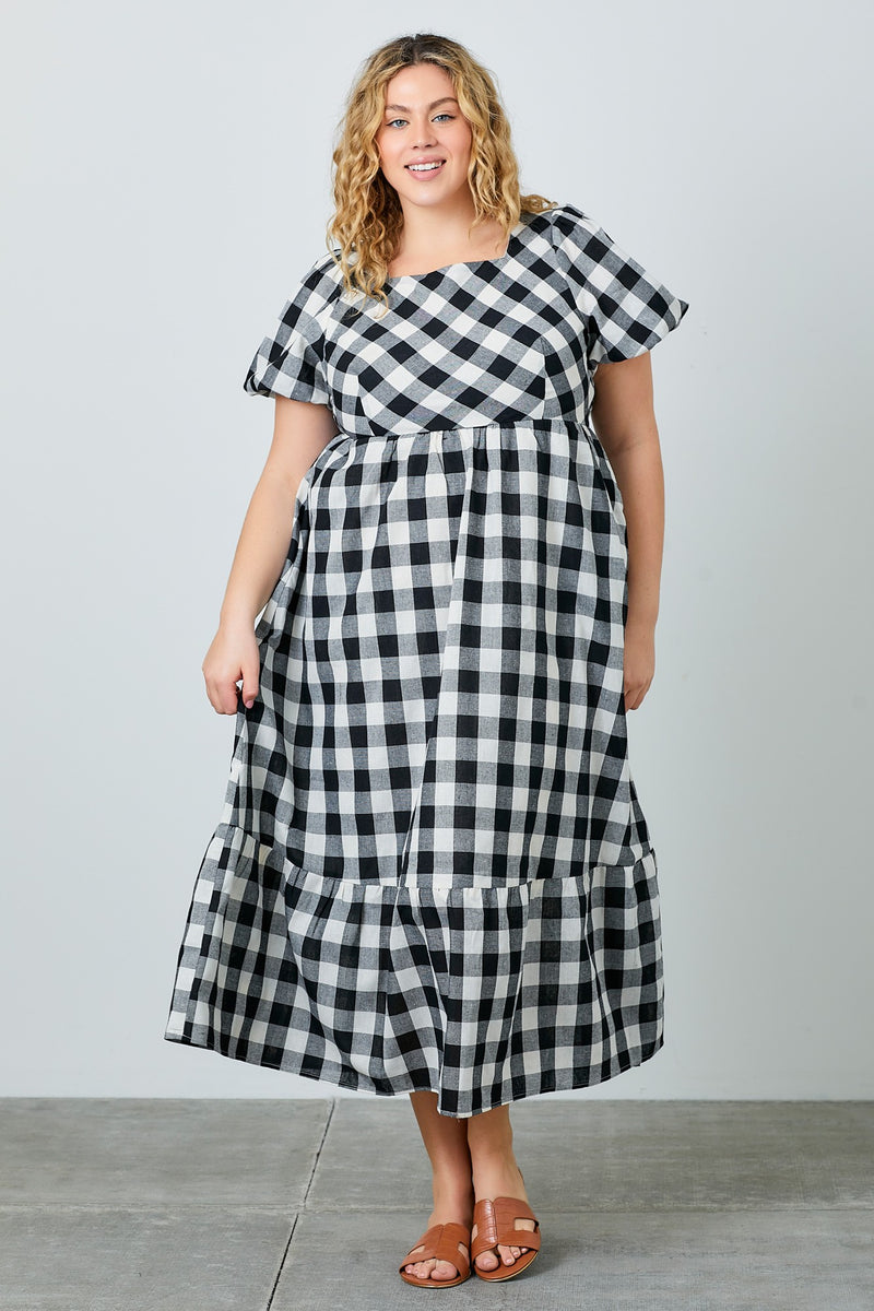 Black and White Gingham Bubble Sleeve Maxi Dress