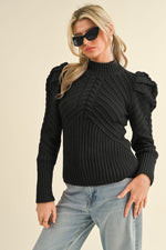 Black Mock Neck Puff Sleeve Sweater