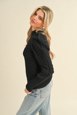 Black Mock Neck Puff Sleeve Sweater