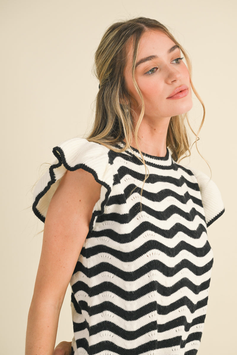 Black and Ivory Wave Ruffle Sleeveless Sweater