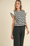 Black and Ivory Wave Ruffle Sleeveless Sweater