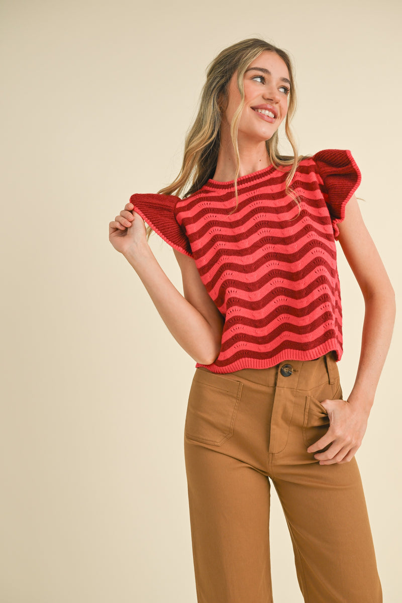 Burgundy Berry Wave Ruffle Sleeveless Sweater