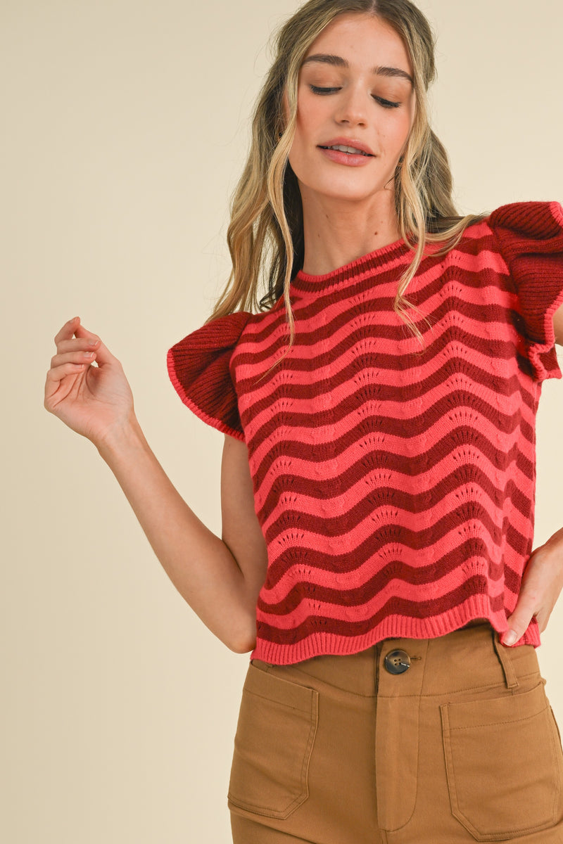 Burgundy Berry Wave Ruffle Sleeveless Sweater