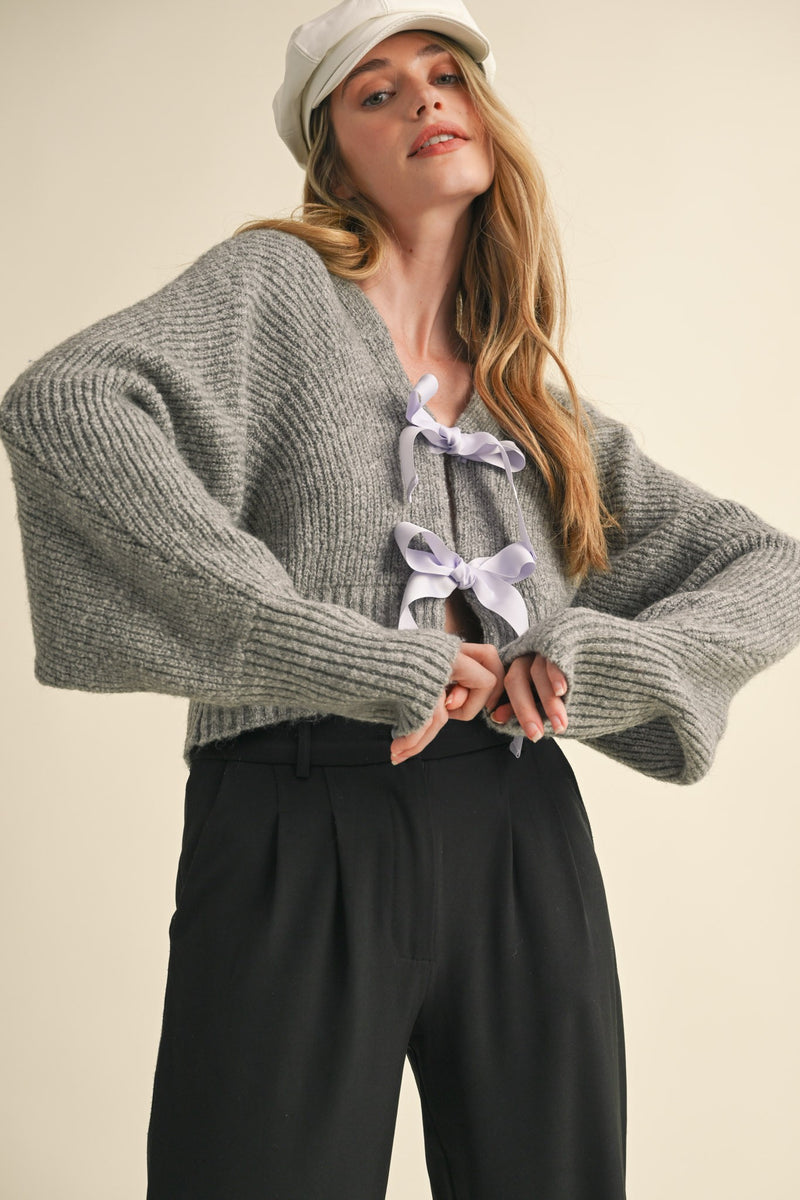 Heather Grey Cropped Bow Front Cardigan