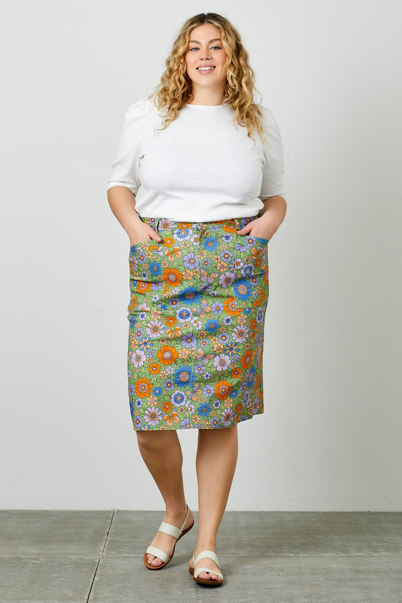60's Floral Twill Knee Length Skirt