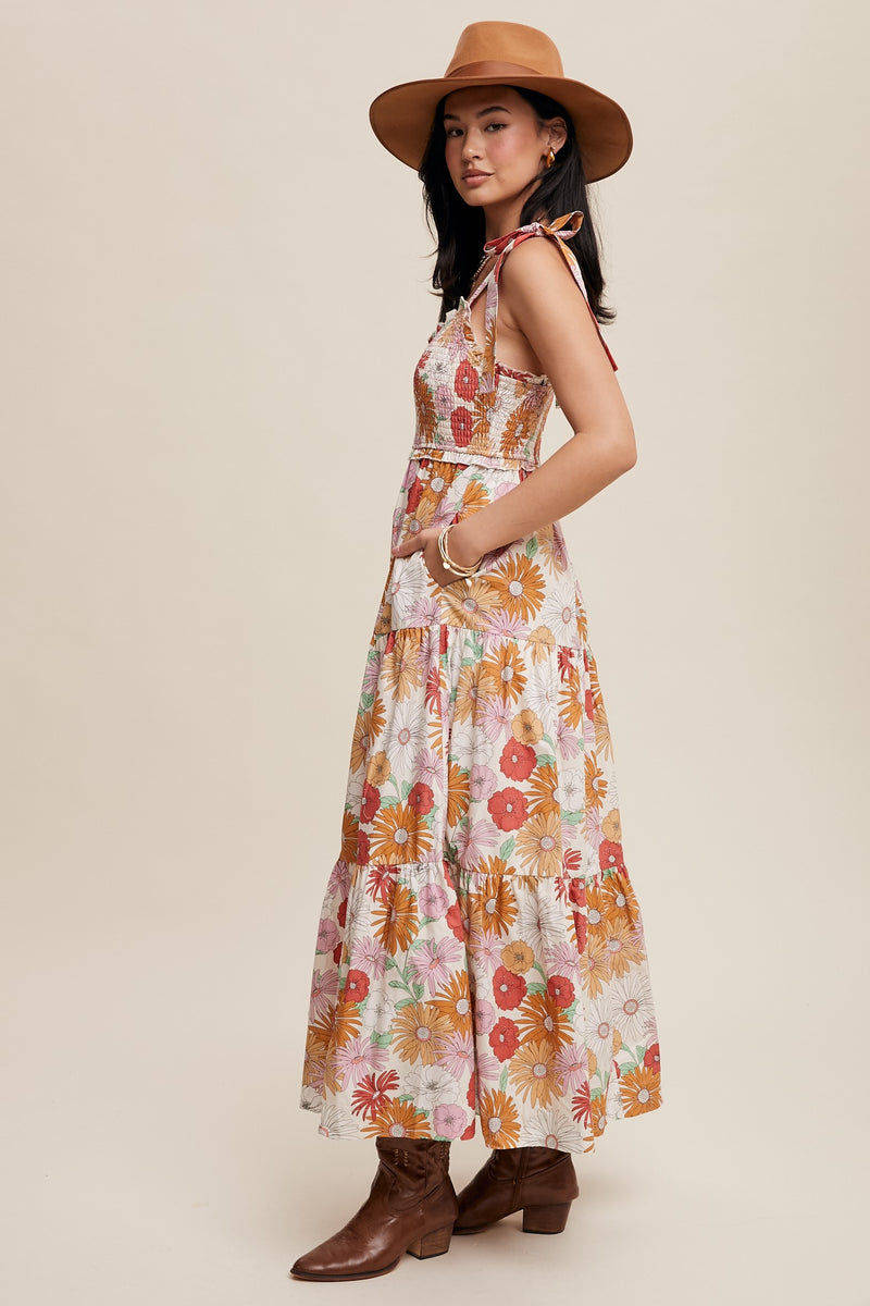 Tie Shoulder Floral Tie Shoulder Midi Dress