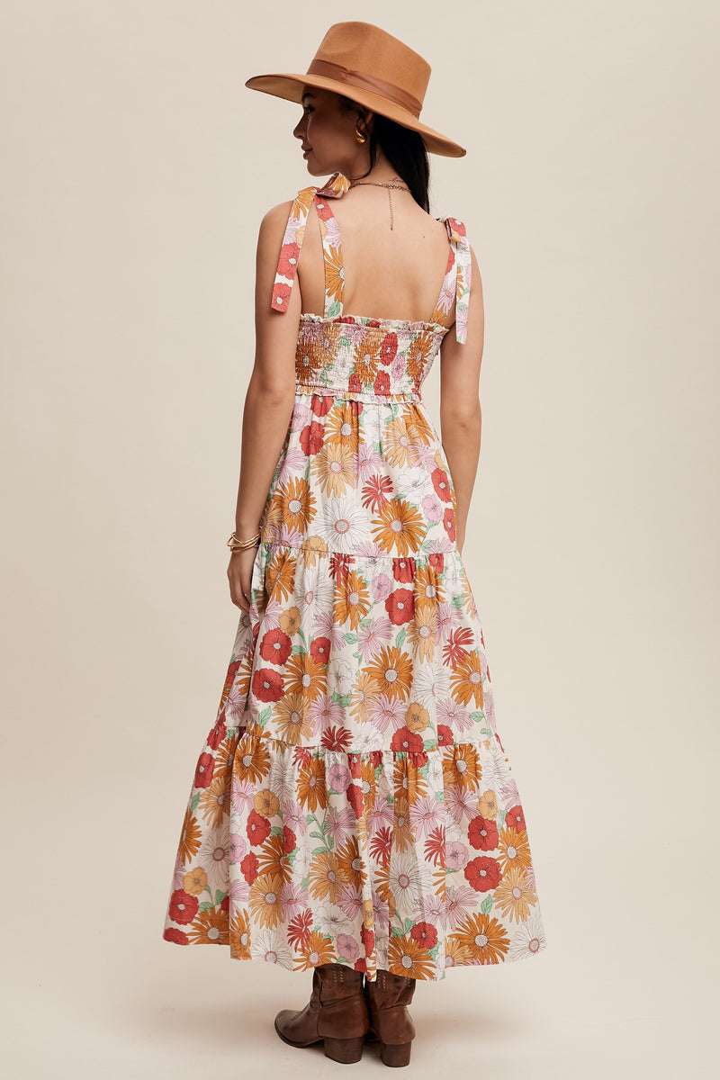 Tie Shoulder Floral Tie Shoulder Midi Dress