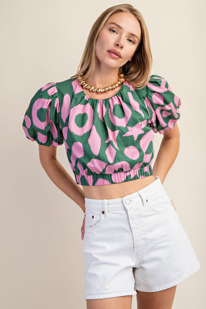 Green and Pink Bubble Sleeve Crop Top