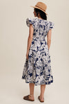 Navy Floral Ruffle Sleeve Midi Dress