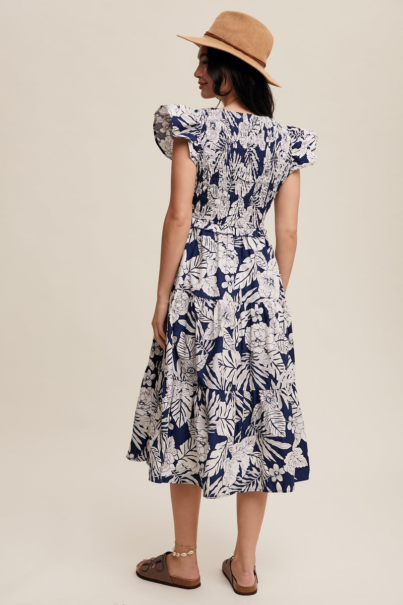 Navy Floral Ruffle Sleeve Midi Dress