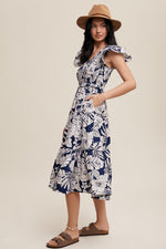 Navy Floral Ruffle Sleeve Midi Dress