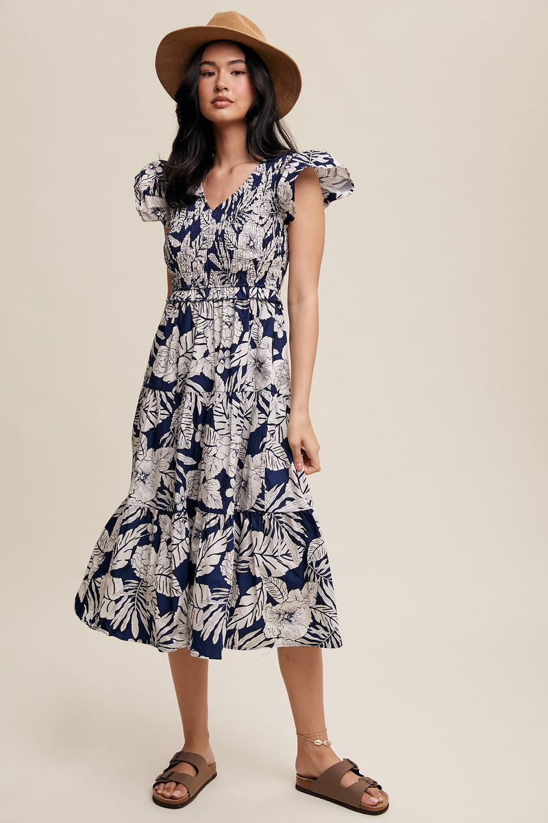 Navy Floral Ruffle Sleeve Midi Dress