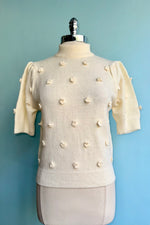 Ivory Short Sleeve Rosette Sweater