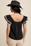 Black Flutter Sleeve Top with Ric-Rac Trim