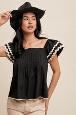 Black Flutter Sleeve Top with Ric-Rac Trim