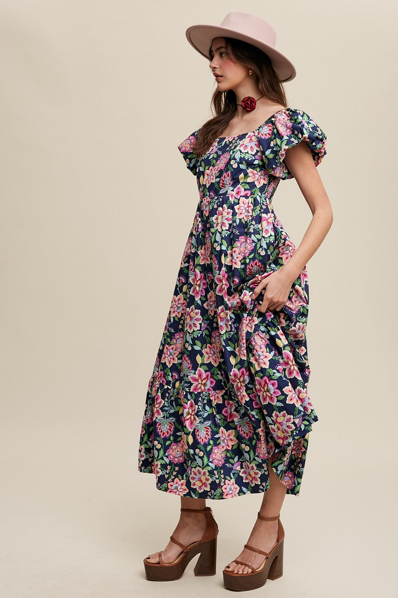 Navy and Pink Puff Sleeve Empire Midi Dress Modern Millie Navy and Pink Puff Sleeve Empire Midi Dress Modern Millie