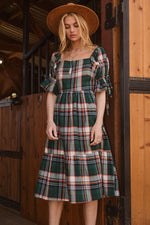 Green Plaid Square Neck Midi Dress