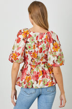 Red Floral Bubble Sleeve Top