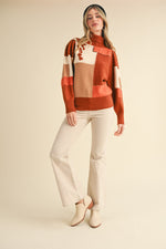 Brick Color Block Patchwork Turtleneck Sweater