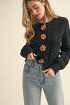 Black Knit Cardigan with Rosette Detail