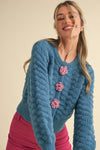 French Blue Knit Cardigan with Rosette Detail