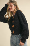 Black Knit Cardigan with Rosette Detail