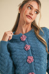 French Blue Knit Cardigan with Rosette Detail