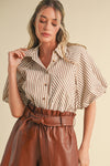 Pecan Stripe Button Down Balloon Sleeve Top