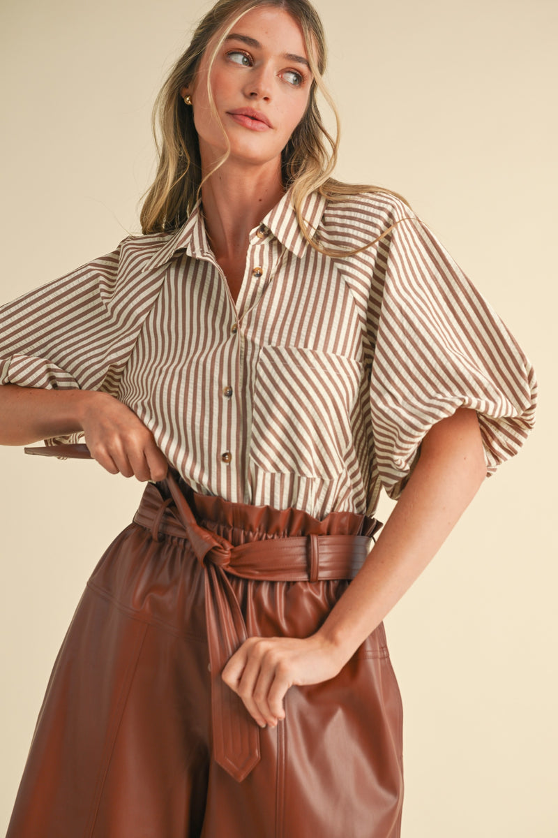 Pecan Stripe Button Down Balloon Sleeve Top