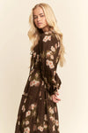 Brown Floral Long Sleeve Midi Dress