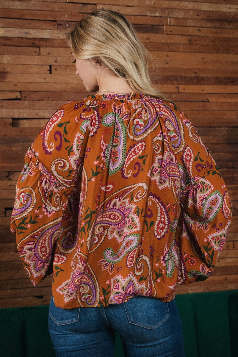 Toffee Paisley Print Long Sleeve Top