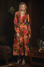 Long Sleeve Brown and Olive Floral Tiered Maxi Dress