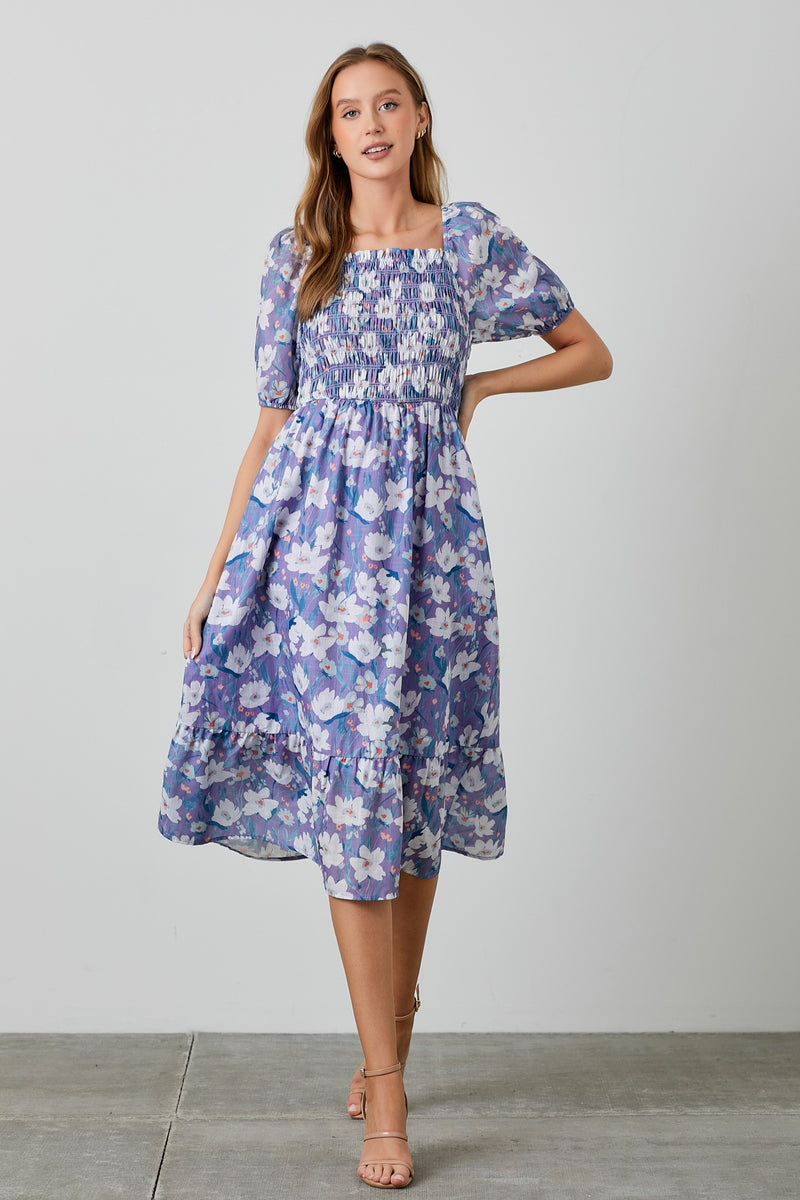 Lavender Floral Bubble Sleeve Midi Dress