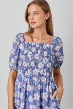 Lavender Floral Bubble Sleeve Midi Dress