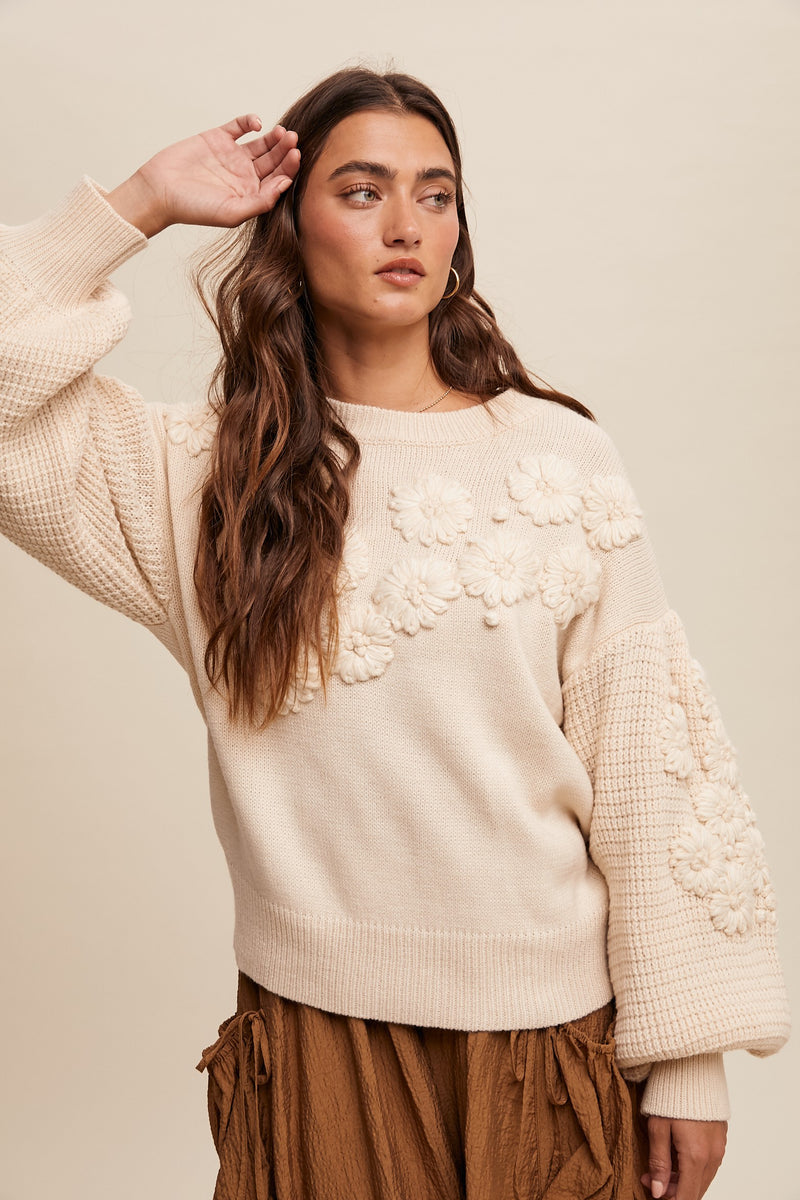 Ivory Embroidered Flower Detail Knit Sweater