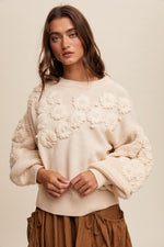 Ivory Embroidered Flower Detail Knit Sweater