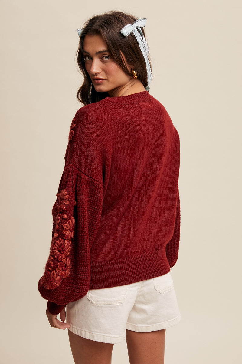 Crimson Embroidered Flower Detail Knit Sweater