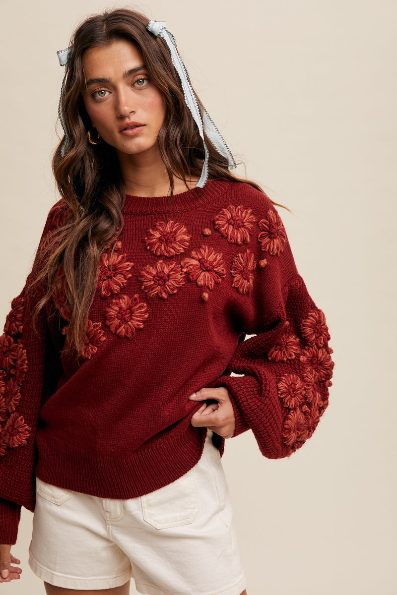 Crimson Embroidered Flower Detail Knit Sweater