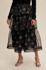 Black Sparkle Organza Tiered Midi Skirt