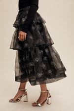 Black Sparkle Organza Tiered Midi Skirt