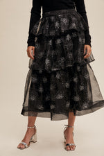 Black Sparkle Organza Tiered Midi Skirt