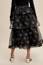 Black Sparkle Organza Tiered Midi Skirt